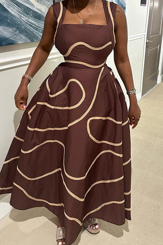 Dark Brown Casual Print Pocket Square Neck Long Dresses