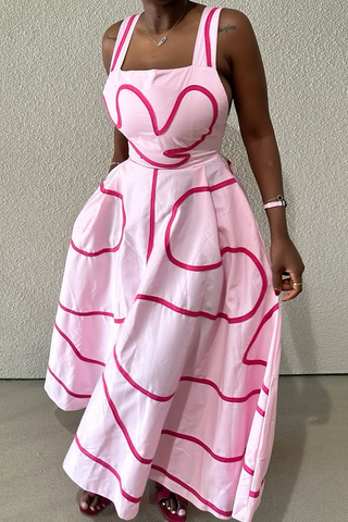 Dark Brown Casual Print Pocket Square Neck Long Dresses