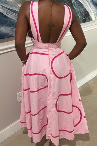 Dark Brown Casual Print Pocket Square Neck Long Dresses