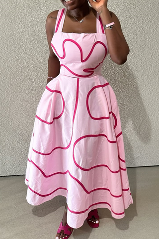 Dark Brown Casual Print Pocket Square Neck Long Dresses