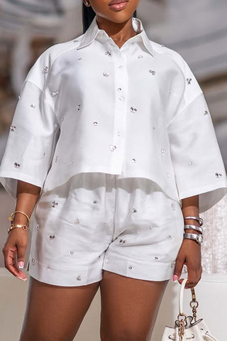 White Casual Solid Color Buckle Beading Turndown Collar Three Quarter Two Pieces