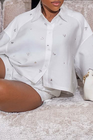 White Casual Solid Color Buckle Beading Turndown Collar Three Quarter Two Pieces