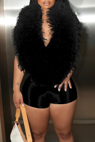 Black Sexy Solid Color Feathers Deep V Neck Skinny Rompers