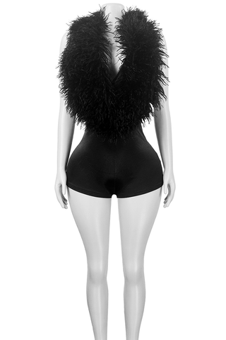 Black Sexy Solid Color Feathers Deep V Neck Skinny Rompers