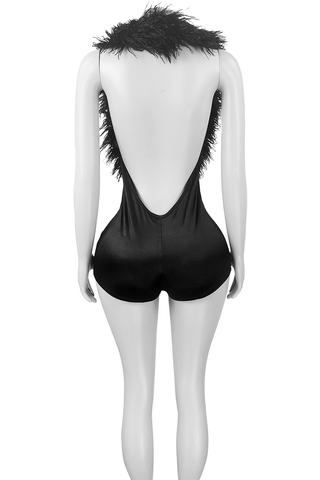 Black Sexy Solid Color Feathers Deep V Neck Skinny Rompers