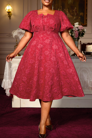 Red Elegant Jacquard Asymmetrical Collar Long Dresses