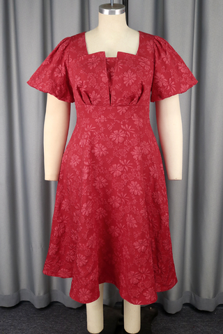 Red Elegant Jacquard Asymmetrical Collar Long Dresses