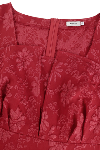 Red Elegant Jacquard Asymmetrical Collar Long Dresses