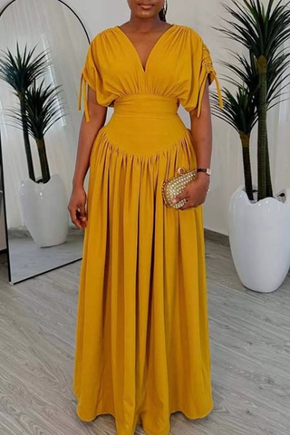 Yellow Elegant Solid Color Draw String V Neck Long Dresses