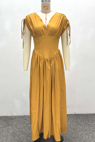 Yellow Elegant Solid Color Draw String V Neck Long Dresses