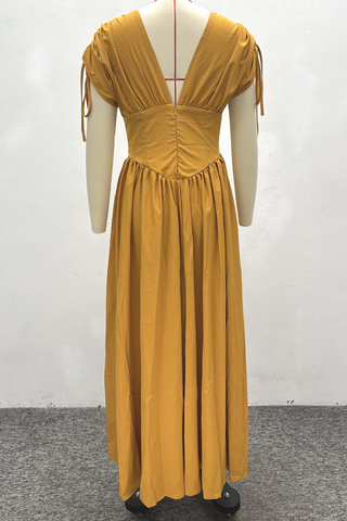 Yellow Elegant Solid Color Draw String V Neck Long Dresses