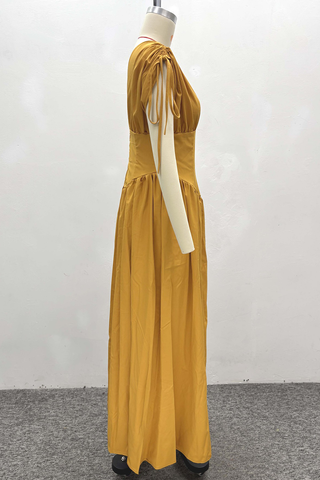 Yellow Elegant Solid Color Draw String V Neck Long Dresses