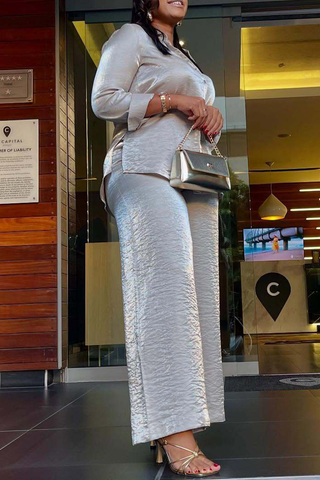 Grey Casual Solid Color Buckle Turndown Collar Long Sleeve Two Pieces