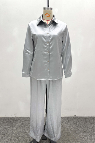 Grey Casual Solid Color Buckle Turndown Collar Long Sleeve Two Pieces