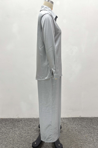 Grey Casual Solid Color Buckle Turndown Collar Long Sleeve Two Pieces