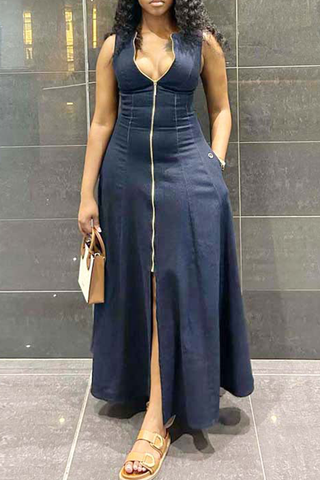 Navy Blue Casual Solid Color Pocket Zipper Zipper Collar Long Dresses