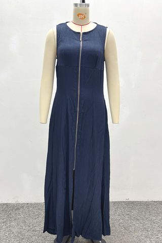 Navy Blue Casual Solid Color Pocket Zipper Zipper Collar Long Dresses