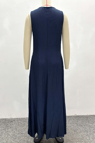 Navy Blue Casual Solid Color Pocket Zipper Zipper Collar Long Dresses
