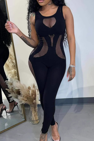 Black Sexy Solid Color See-Through O Neck Skinny Jumpsuits