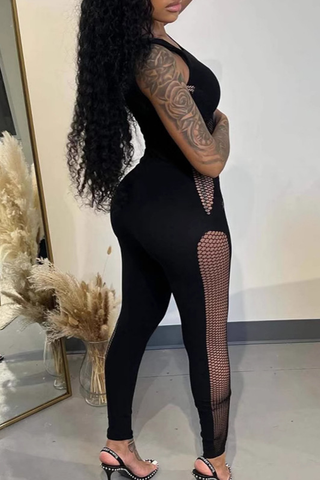 Black Sexy Solid Color See-Through O Neck Skinny Jumpsuits