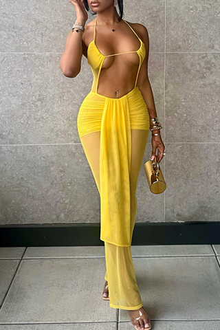 Black Sexy Solid Color Hollow Out Backless Halter Regular Jumpsuits