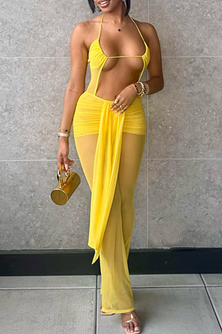 Black Sexy Solid Color Hollow Out Backless Halter Regular Jumpsuits