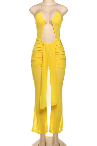 Black Sexy Solid Color Hollow Out Backless Halter Regular Jumpsuits