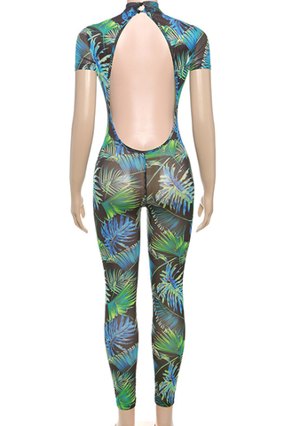 Purple Sexy Print Backless O Neck Skinny Jumpsuits