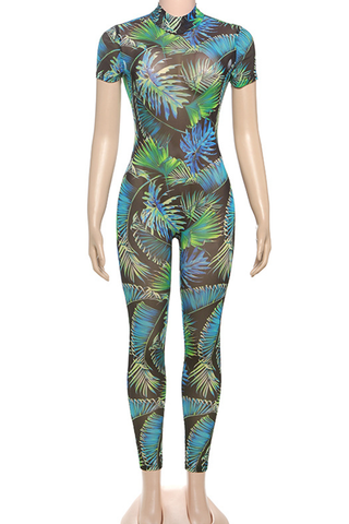 Purple Sexy Print Backless O Neck Skinny Jumpsuits