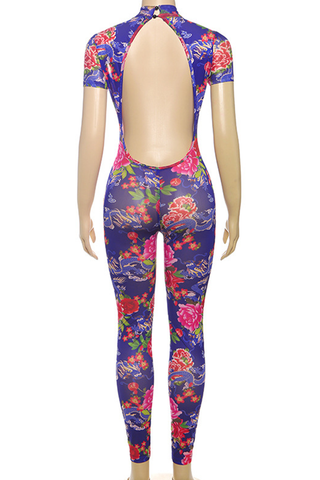 Purple Sexy Print Backless O Neck Skinny Jumpsuits