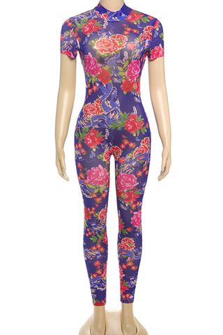 Purple Sexy Print Backless O Neck Skinny Jumpsuits