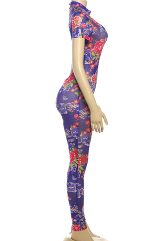 Purple Sexy Print Backless O Neck Skinny Jumpsuits