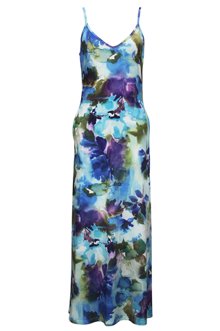 Blue Casual Print Pocket Spaghetti Strap Long Dresses