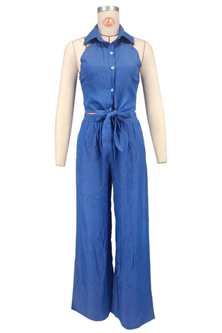 Blue Casual Solid Color Strap Design Turndown Collar Sleeveless Two Pieces