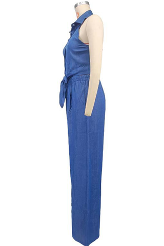 Blue Casual Solid Color Strap Design Turndown Collar Sleeveless Two Pieces