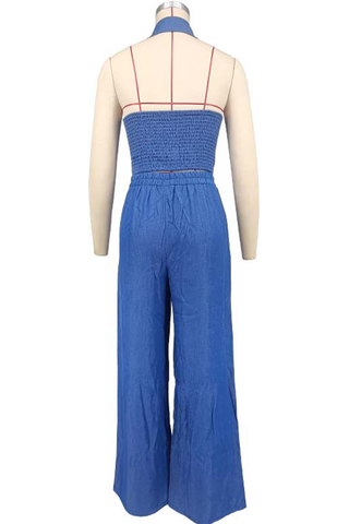 Blue Casual Solid Color Strap Design Turndown Collar Sleeveless Two Pieces