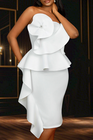 White Elegant Solid Color Backless Ruffle Strapless Wrapped Skirt Dresses