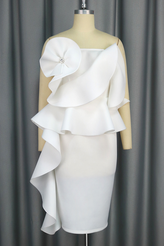 White Elegant Solid Color Backless Ruffle Strapless Wrapped Skirt Dresses