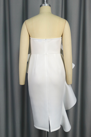 White Elegant Solid Color Backless Ruffle Strapless Wrapped Skirt Dresses