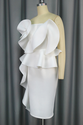 White Elegant Solid Color Backless Ruffle Strapless Wrapped Skirt Dresses