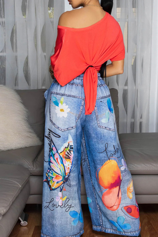 Blue Casual Print Pocket Loose Denim Jeans