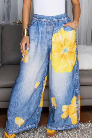 Blue Casual Print Pocket Loose Denim Jeans