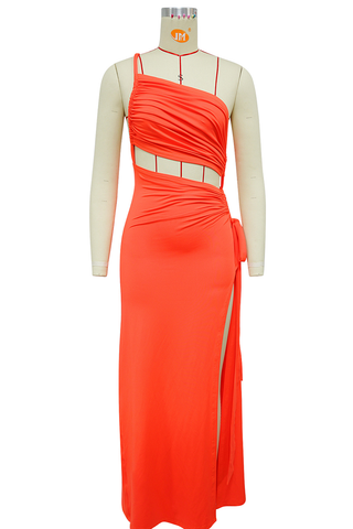 Black Sexy Solid Color High Slit Ruched Asymmetrical Collar Long Dresses