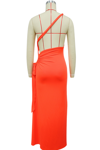 Black Sexy Solid Color High Slit Ruched Asymmetrical Collar Long Dresses