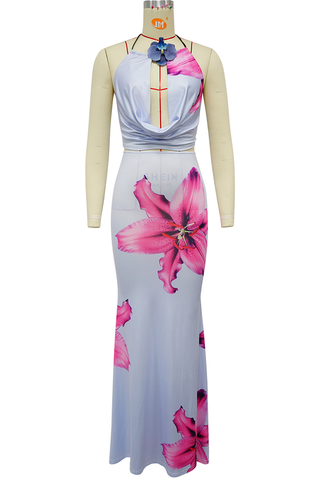 Light Purple Sexy Print Hollow Out Backless Halter Sleeveless Two Pieces