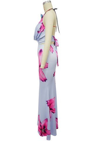 Light Purple Sexy Print Hollow Out Backless Halter Sleeveless Two Pieces