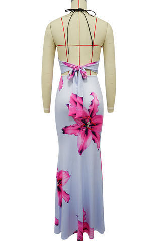 Light Purple Sexy Print Hollow Out Backless Halter Sleeveless Two Pieces