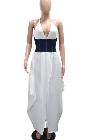 White Sexy Backless Slit Halter Long Dresses