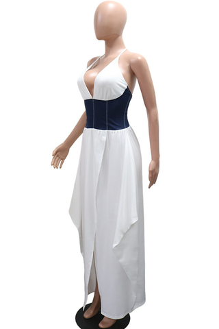 White Sexy Backless Slit Halter Long Dresses