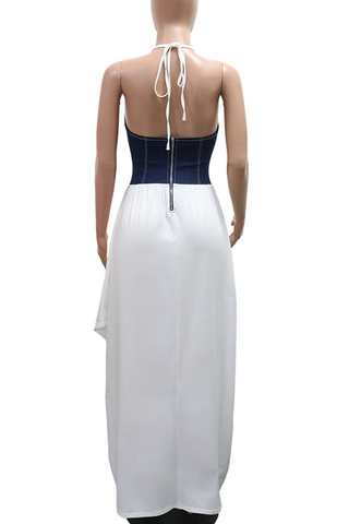 White Sexy Backless Slit Halter Long Dresses